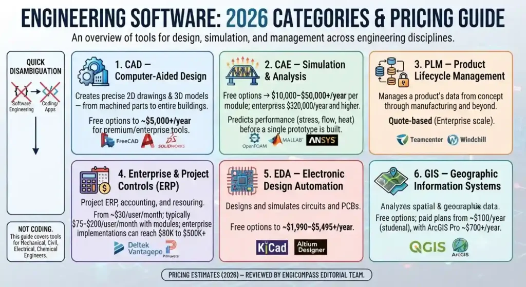Infographic breaking down the six major categories of engineering software in 2026 (CAD, CAE, PLM, Enterprise & Project Controls, EDA, and GIS) with pricing estimates and core functions.