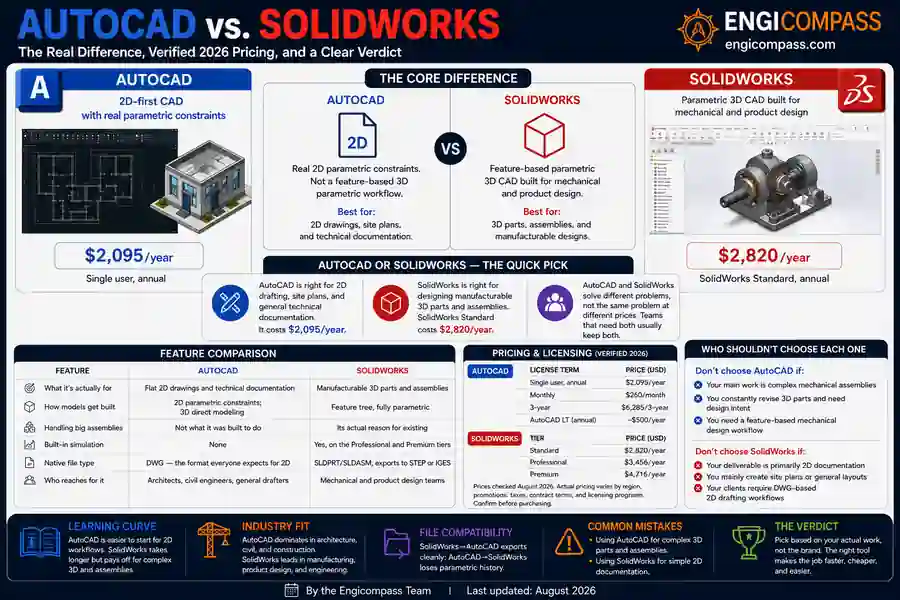 Infographic comparing AutoCAD vs SolidWorks, including core differences, pricing, feature comparison, and who should choose each one