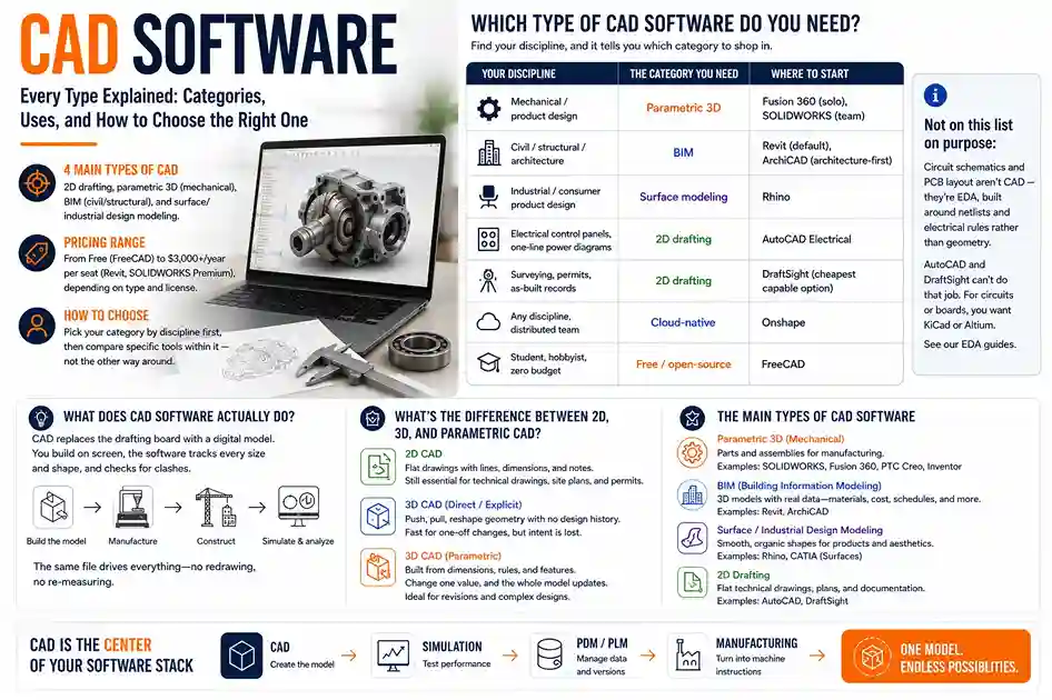 Infographic showing CAD software categories by discipline, what each type does, and typical price ranges