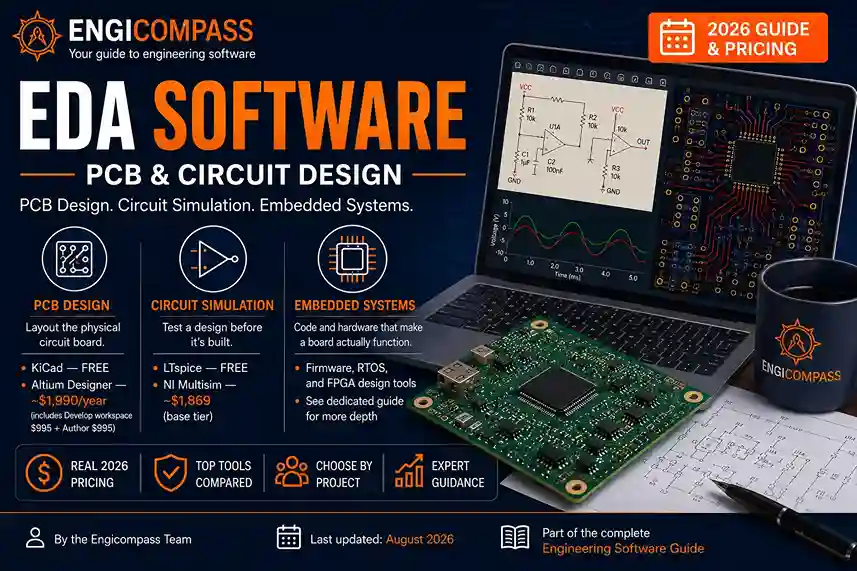 EDA software guide covering PCB design, circuit simulation, and embedded systems, with 2026 pricing for KiCad, Altium Designer, LTspice, and NI Multisim
