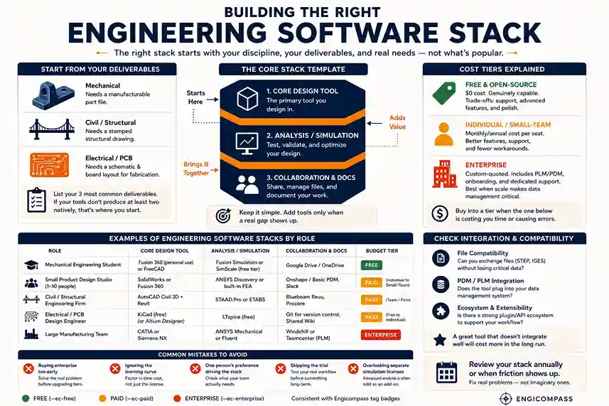 Infographic: how to build the right engineering software stack, covering cost tiers, integration checks, and example stacks by role