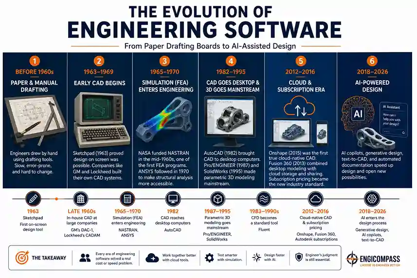 Infographic timeline showing the evolution of engineering software from paper drafting boards through early CAD, simulation, desktop 3D, cloud subscriptions, and AI-powered design