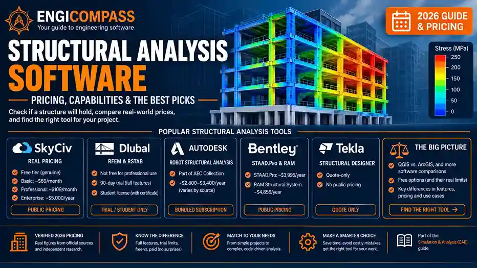 Structural analysis software compared — real 2026 pricing for SkyCiv, Dlubal, Autodesk, Bentley, and Tekla
